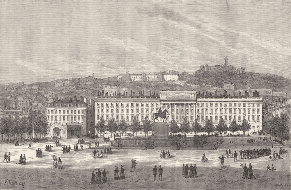 LYON. Avignon. La place Bellecour et le coteau de Fourvieres 1880 old print